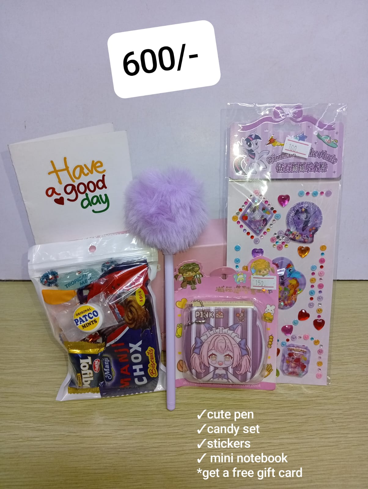 Cute pen, Candy set, Stickers, Mini notebook + Free gift card